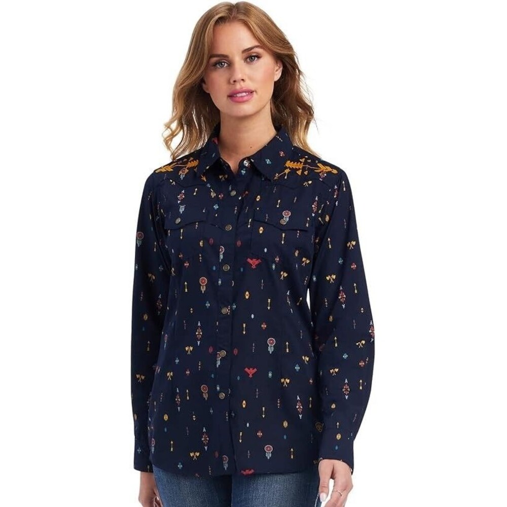 Ariat Women's R.E.A.L. Dakota Snap Shirt XS Navy Blue Embroidered Arrow Western